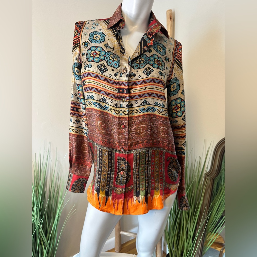 Button-Down Paisley & Geo Print Blouse In Rust And Teal